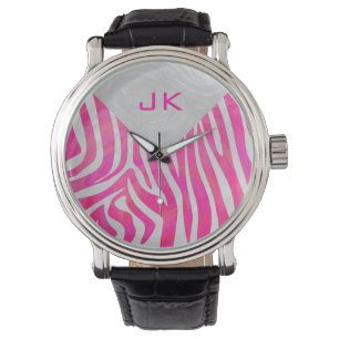 Zebra Hot Pink und Weiß mit Monogramm Armbanduhr
