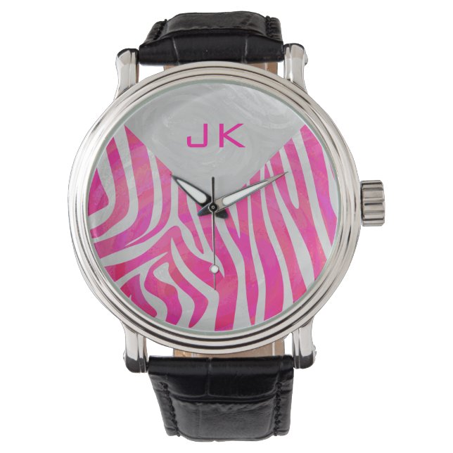 Zebra Hot Pink und Weiß mit Monogramm Armbanduhr (Vorderseite)