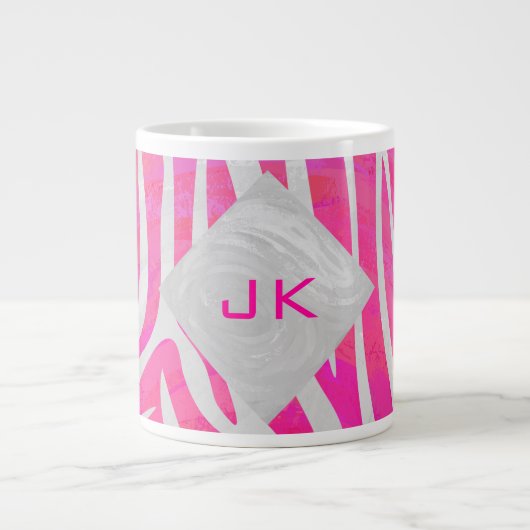 Zebra Hot Pink und Weiß mit Monogramm Jumbo-Tasse (Vorderseite)
