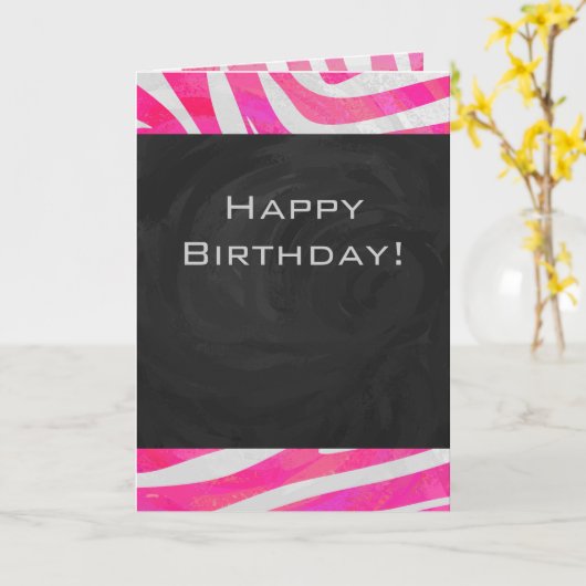 Zebra Hot Pink und Weiß mit Monogramm Karte (Gelbe Blume)