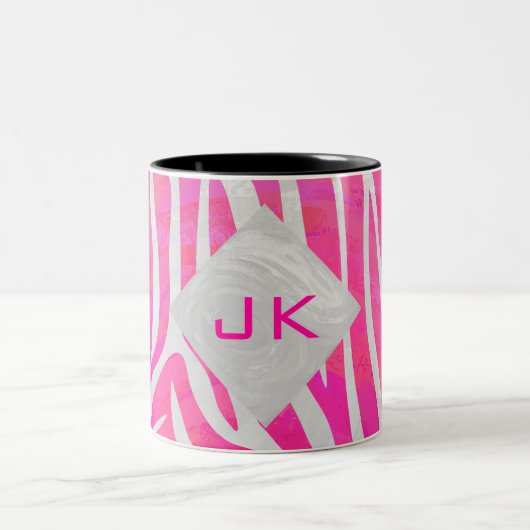 Zebra Hot Pink und Weiß mit Monogramm Zweifarbige Tasse (Mittel)