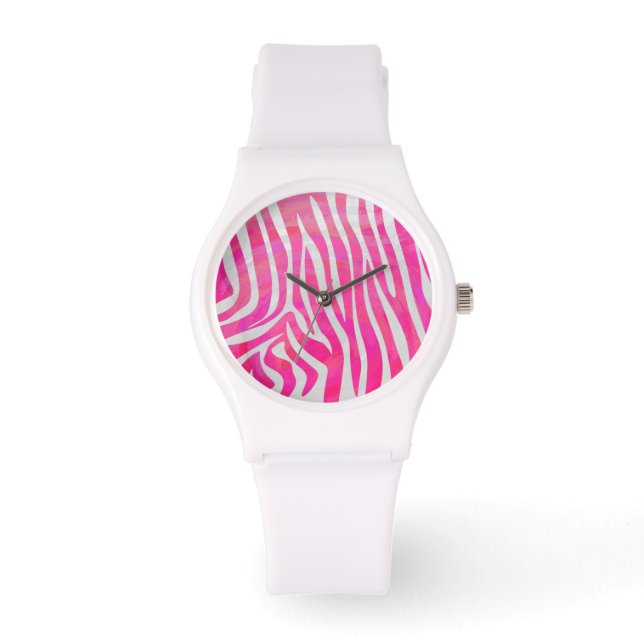 Zebra Hot Rosa und White Print Armbanduhr (Vorderseite)
