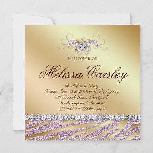 Zebra Junggeselinnen-Abschied Einladung Pink Gold  (Rückseite)