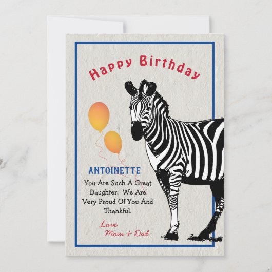 Zebra Jungle Animal Balloons Happy Birthday Card (Vorderseite)