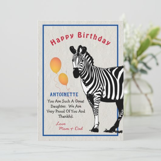 Zebra Jungle Animal Balloons Happy Birthday Card (Stehend Vorderseite)