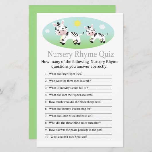Zebra Kinderzimmer Rhyme Quiz Kinderduschspiel (Vorne/Hinten)