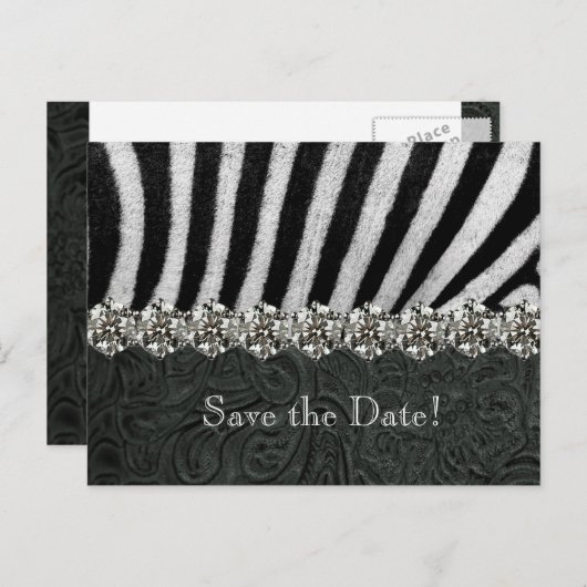 Zebra Kristall Black Leather Save the Date Ankündigungspostkarte (Vorne/Hinten)