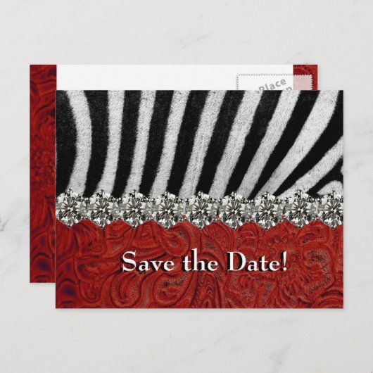 Zebra Kristall Red Leather Save the Date Ankündigungspostkarte (Vorne/Hinten)