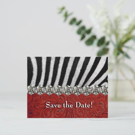 Zebra Kristall Red Leather Save the Date Ankündigungspostkarte (Stehend Vorderseite)