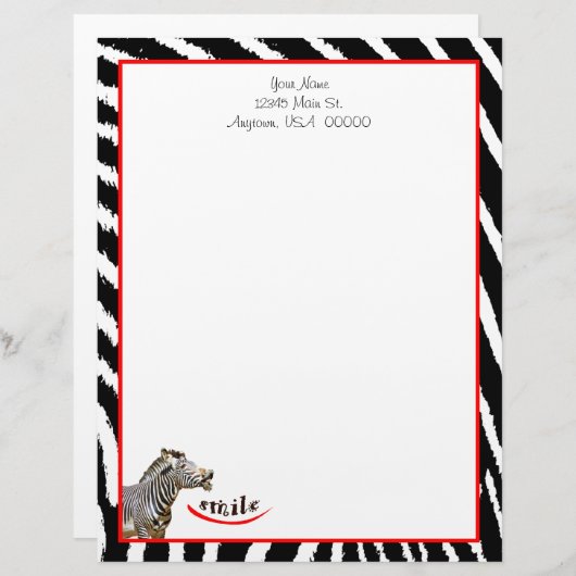 Zebra Lächeln Schwarz/Weiß/Rot Streifen Briefbogen (Vorne/Hinten)