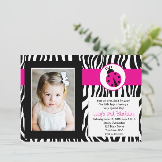Zebra Lady Bug Party Geburtstag Einladung (Stehend Vorderseite)