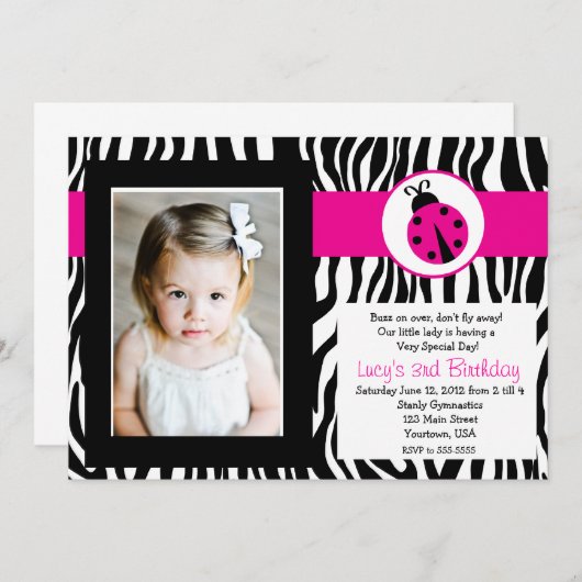 Zebra Lady Bug Party Geburtstag Einladung (Vorne/Hinten)