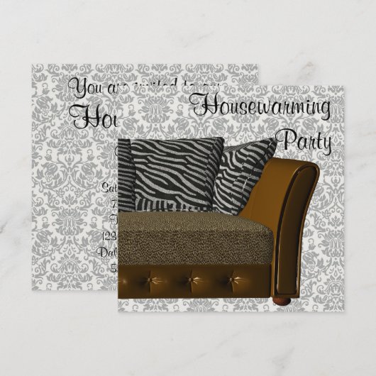 Zebra Leopard Sofa Damask Housewarming Party Einladung (Vorne/Hinten)