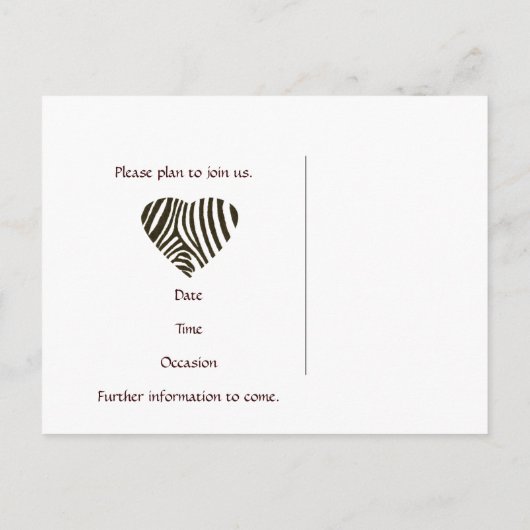 Zebra-Liebe Save the Date Ankündigungspostkarte (Rückseite)