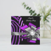 Zebra Lila Black Silver Bow Pearl Birthday Einladung (Stehend Vorderseite)