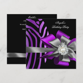 Zebra Lila Black Silver Bow Pearl Geburtstag 2 Einladung