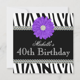 Zebra Lila Daisy Printed Gems 40. Geburtstag Einladung