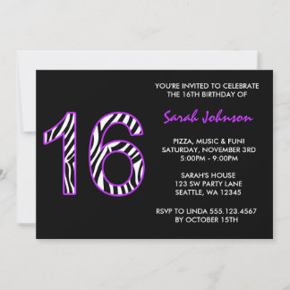 Zebra Lila und Black Sweet 16 Geburtstag Einladung
