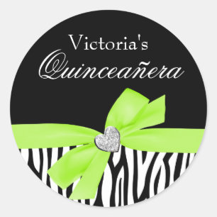 Zebra Lime Green Bow Diamond Quinceanera Runder Aufkleber