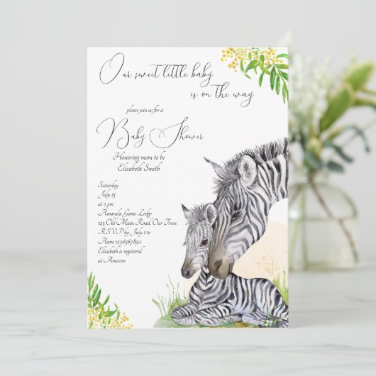 Zebra Mama und Baby African Safari Baby Dusche Einladung (Stehend Vorderseite)