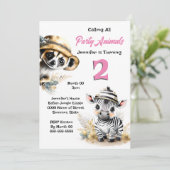 Zebra meerkat Dschungelsafari Wildtiere Rosa Mädch Einladung (Stehend Vorderseite)