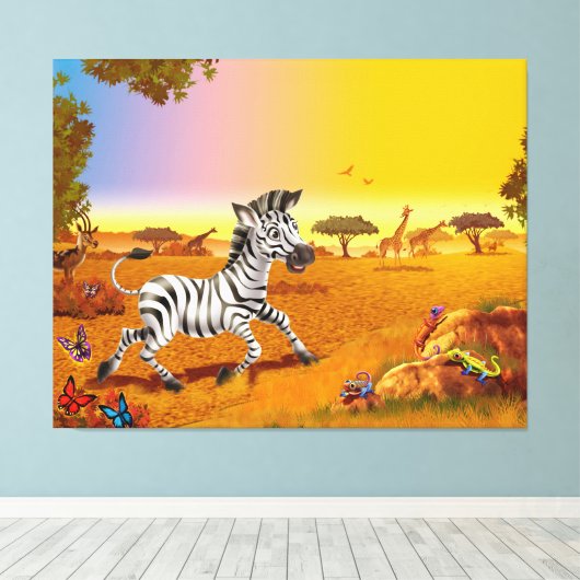 Zebra mit einem großen Leinwand-Kinderschlafzimmer Leinwanddruck (Insitu (Holzboden))