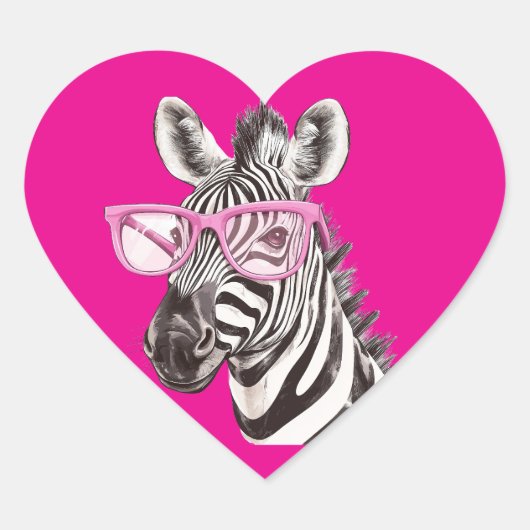 Zebra mit rosa Brille dunkelrosa Hintergrund Herz-Aufkleber (Vorderseite)