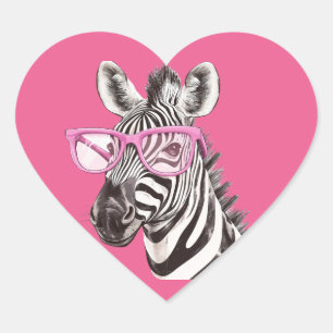 Zebra mit rosa Brille Rosa Hintergrund Herz-Aufkleber