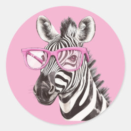 Zebra mit rosa Brillenaufkleber Light Pink BG Runder Aufkleber