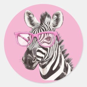 Zebra mit rosa Brillenaufkleber Light Pink BG Runder Aufkleber