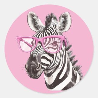 Zebra mit rosa Brillenaufkleber Light Pink BG Runder Aufkleber