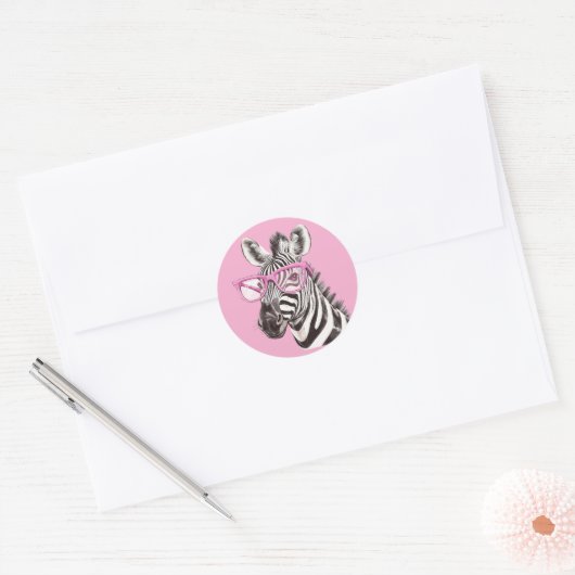 Zebra mit rosa Brillenaufkleber Light Pink BG Runder Aufkleber (Umschlag)