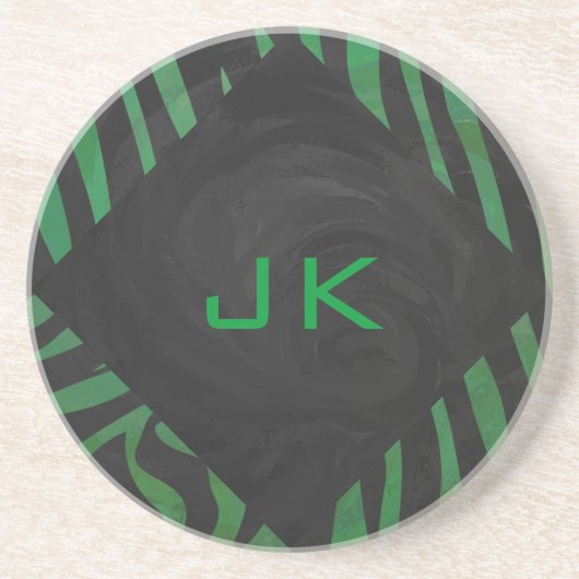 Zebra Monogram Black and Green Print Sandstein Untersetzer (Vorne)