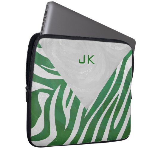 Zebra Monogram, Grün und Weiß Laptopschutzhülle (Vorne Rechts)