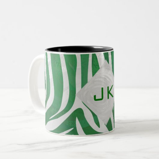 Zebra Monogram, Grün und Weiß Zweifarbige Tasse (Vorderseite Links)