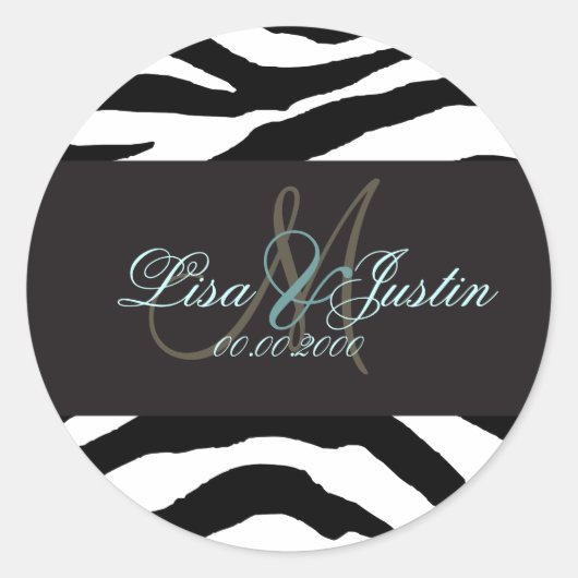 Zebra-Monogramm-Hochzeitsticker Runder Aufkleber (Vorderseite)