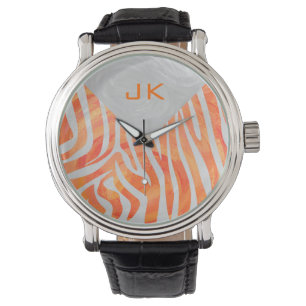 Zebra Monogramm Orange und Weiß Armbanduhr
