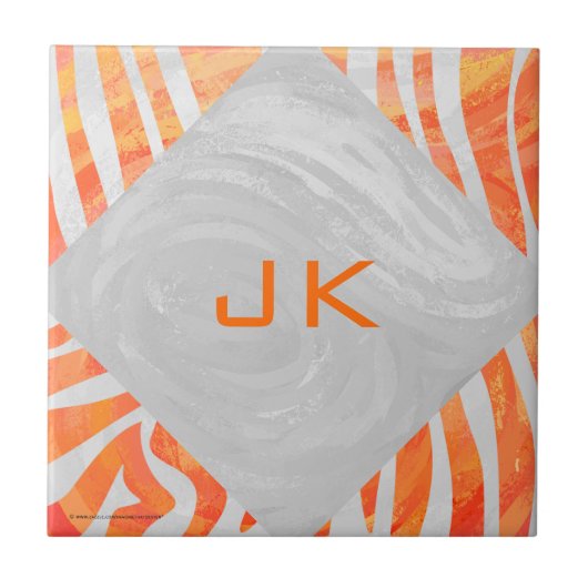 Zebra Monogramm Orange und Weiß Fliese (Vorderseite)