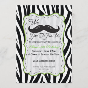 Zebra Mustache Birthday - Black & Lime Green Einladung