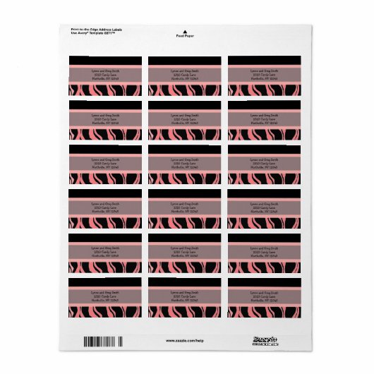 Zebra-Muster in Schwarz und Rosa Adressaufkleber (Vorne)