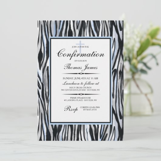 Zebra Muster mit Blau Einladung (Stehend Vorderseite)