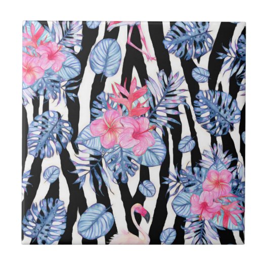 Zebra-Muster mit tropischem Hibiskus und Flamingos Fliese (Vorderseite)