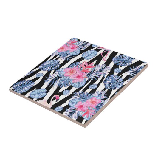 Zebra-Muster mit tropischem Hibiskus und Flamingos Fliese (Seite)