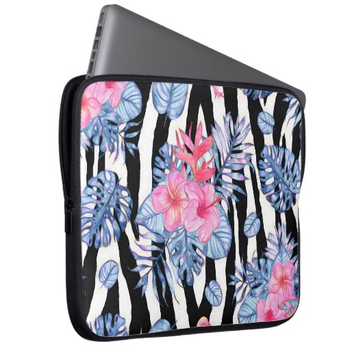 Zebra-Muster mit tropischem Hibiskus und Flamingos Laptopschutzhülle (Vorne Rechts)