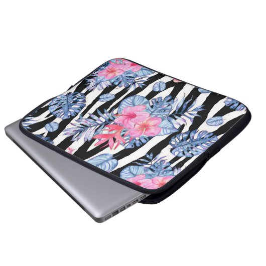 Zebra-Muster mit tropischem Hibiskus und Flamingos Laptopschutzhülle (Vorne Knopf)