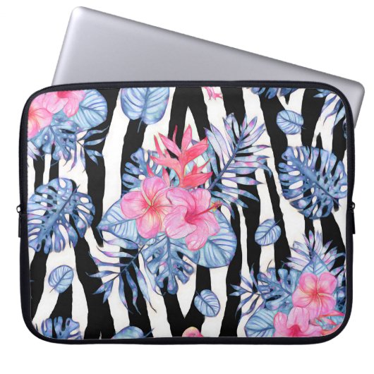 Zebra-Muster mit tropischem Hibiskus und Flamingos Laptopschutzhülle (Vorderseite)