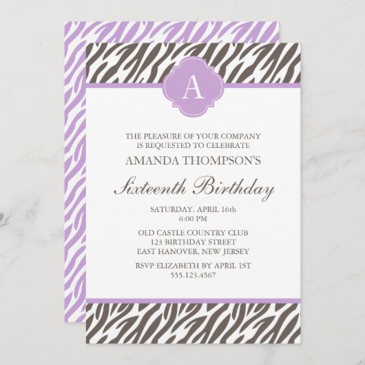 Zebra-Muster Monogramm Einladung (Vorne/Hinten)