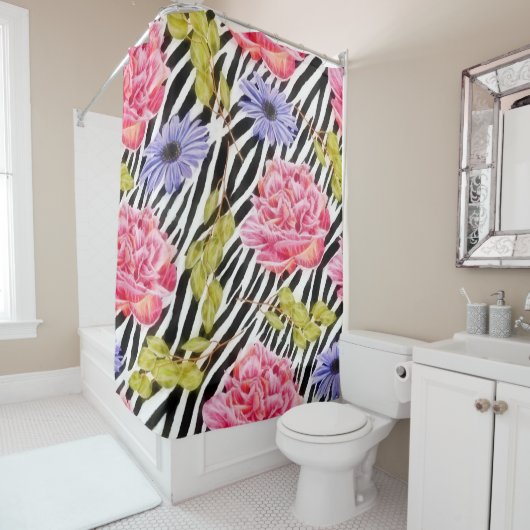 Zebra Muster Rosa Blume und Streifen Duschvorhang (Beispiel)