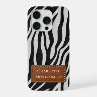 Zebra-Muster Schwarz Weiß Cognac Braun, Ihr Name iPhone 15 Pro Hülle