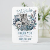 Zebra Oh Baby Blue Floral Baby Dusche Dankeskarte (Stehend Vorderseite)
